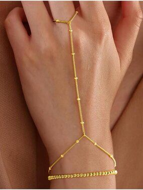 Dainty 14K Gold Plated Hand Chain Gold Bead Bracelet Women Layered Ring Jewelry